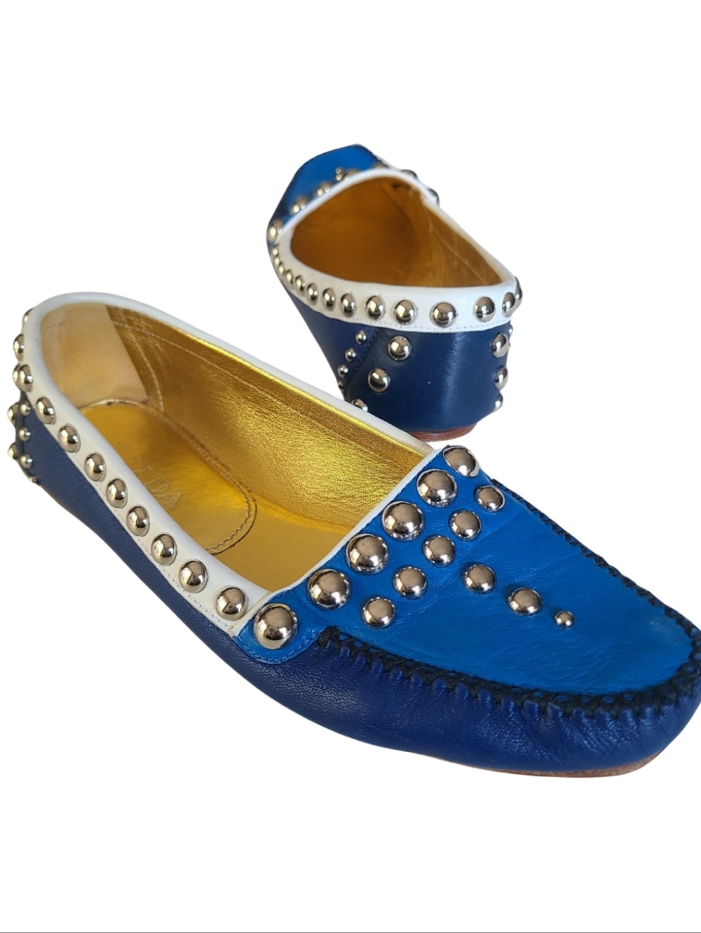 PRADA Driving Moc Studded Silver Embellished Loafer Flat Royal Navy White 36